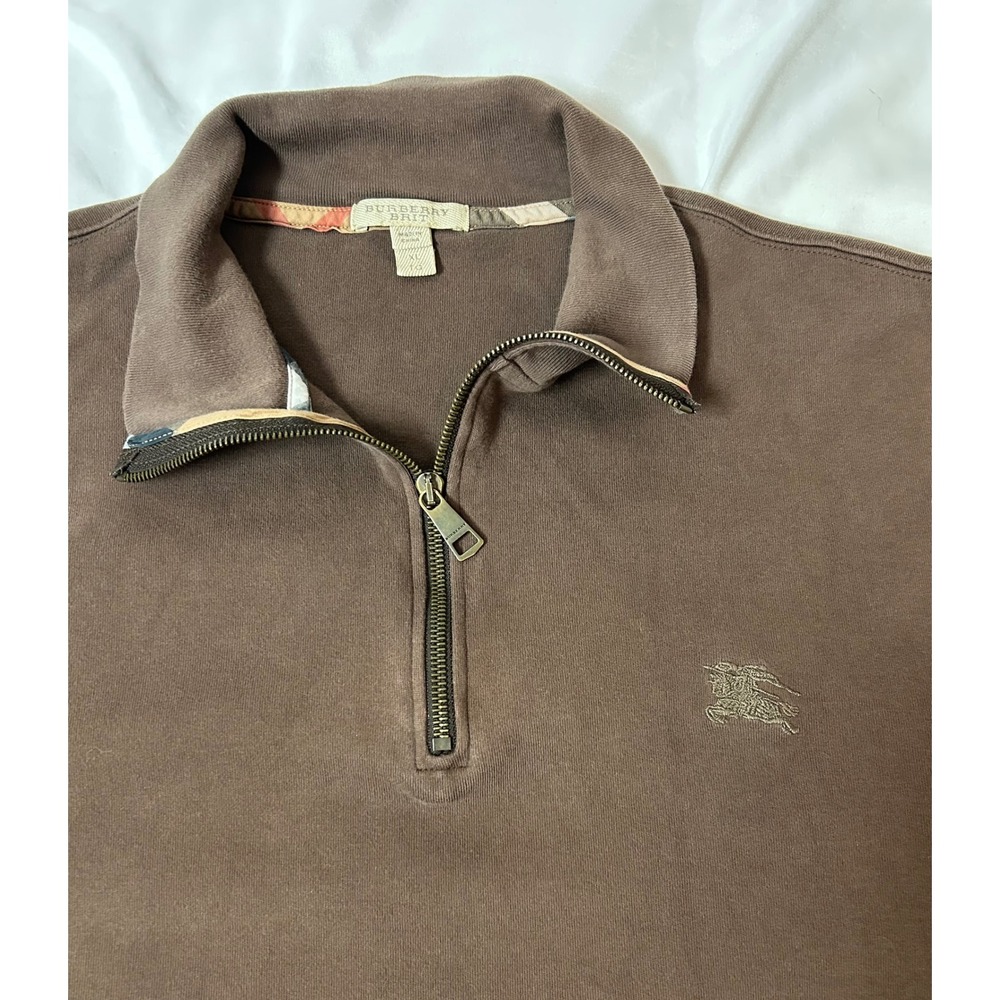 Burberry Brit Mens XL Brown 1/4 Zip Pullover Cotton Nova Check Trim Sweater - Picture 10 of 16